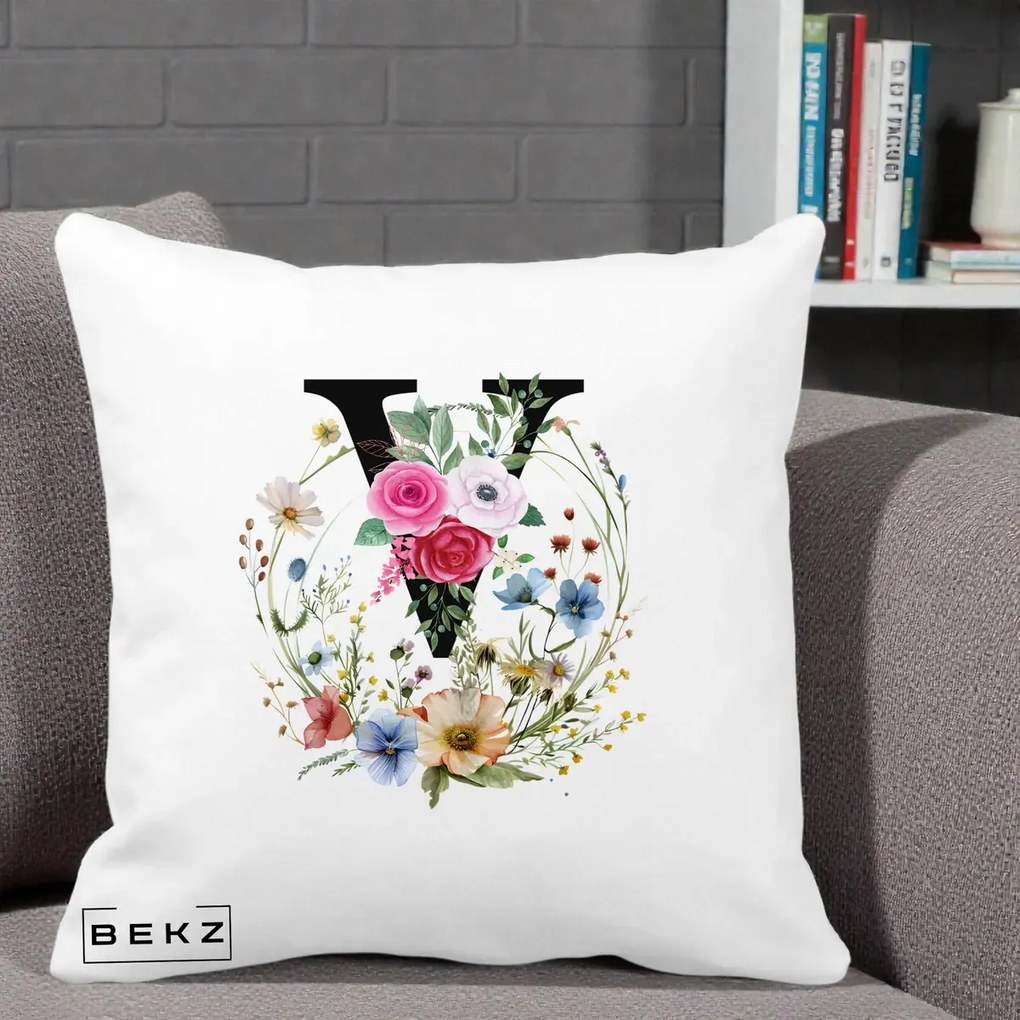 Cadou Personalizat - Perna Personalizata Monograma Florala Litera V cu Coroana, 40x40 cm, Alba Mata, Husa Detasabila, Perna Inclusa, BEKZ®