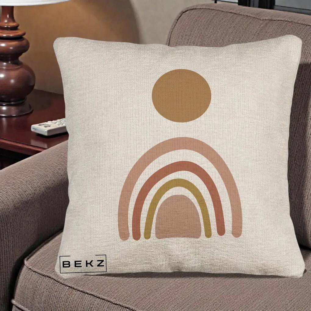Perna Decorativa Boho Rainbow Sun, 40x40 cm, Bej Canapea, Husa Detasabila, Perna Inclusa, BEKZ®