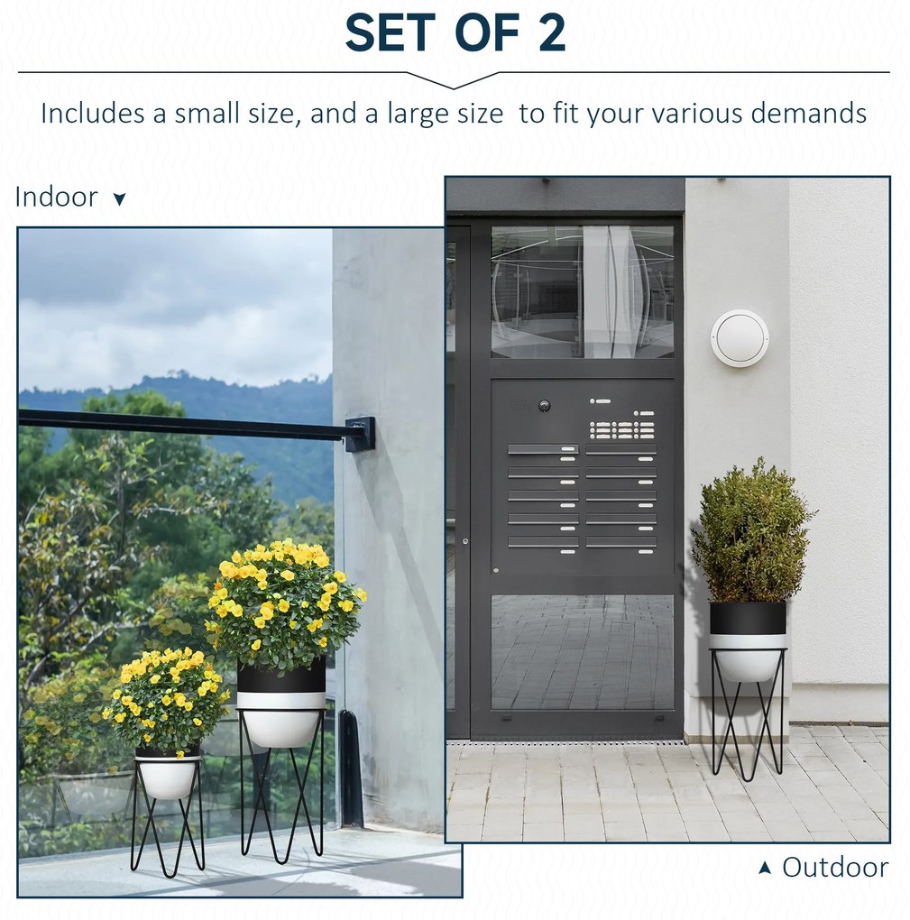 Outsunny Set 2 Ghivece Înălțate cu Suport Metalic, Vase Decorative pentru Interior și Exterior, Negru | Aosom Romania