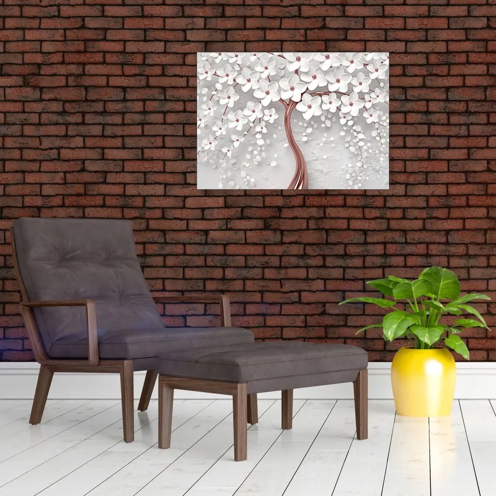 Tablou - Imaginea copacului alb cu flori albe, rosegold (70x50 cm)