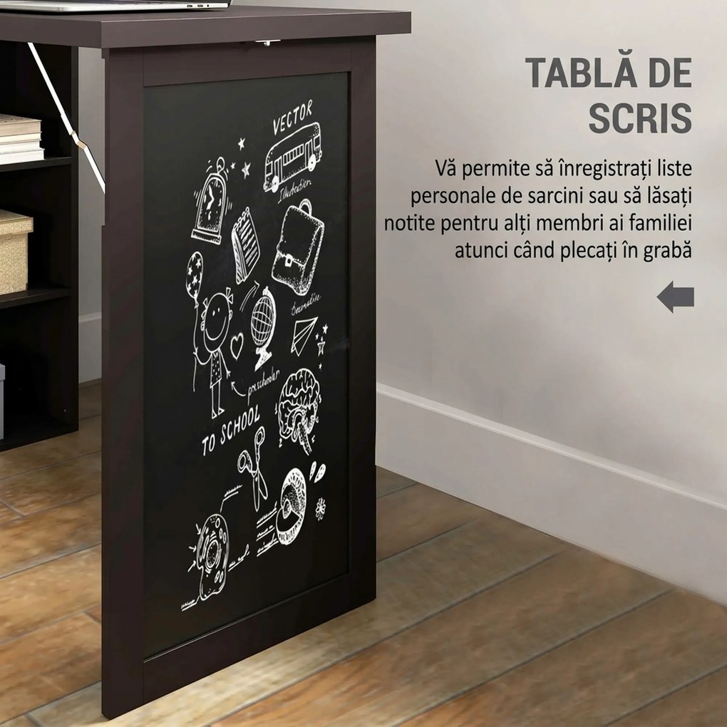 HOMCOM Birou Modern Pliabil cu Bibliotecă și Tablă, din Lemn și Metal, 98x51x153 cm, Maro | Aosom Romania