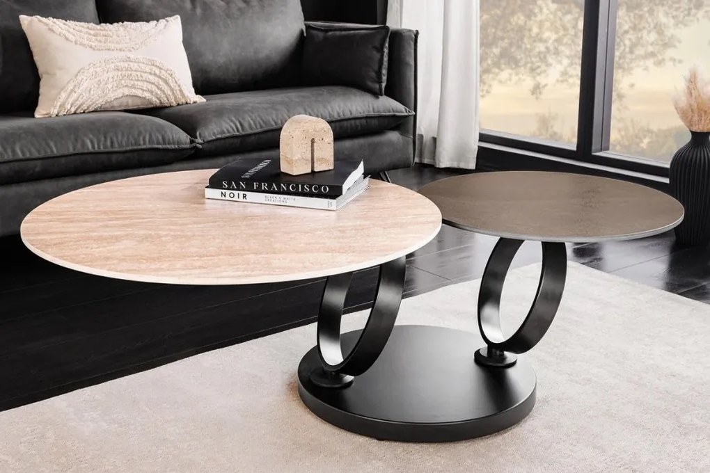 Masuta de cafea moderna cu doua blaturi rotative din ceramica DANCING RINGS 80-135cm