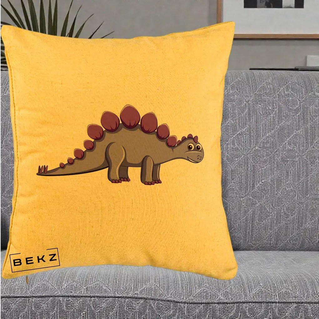 Perna Personalizata Stegozaur Mov, 40x40 cm, Galben, Husa Detasabila, Perna Inclusa, BEKZ®