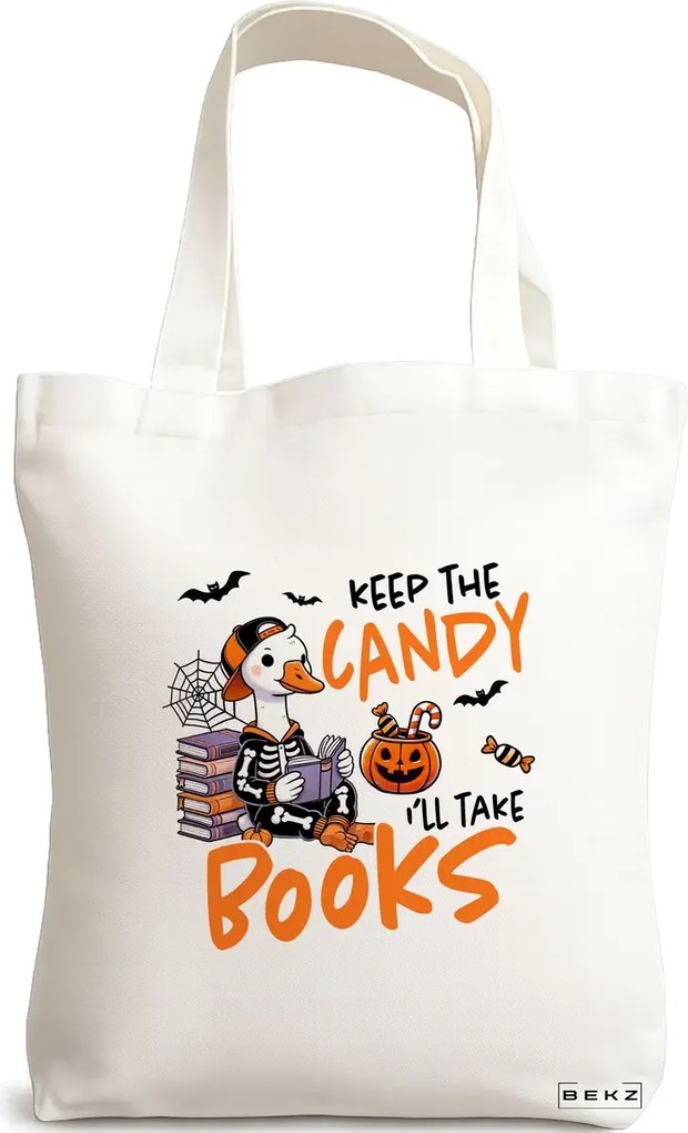 Sacosa de Panza pentru Cumparaturi, Geanta Tote, model Keep the candy I'll take books 38 x 34.5 cm, Alba, BEKZ®