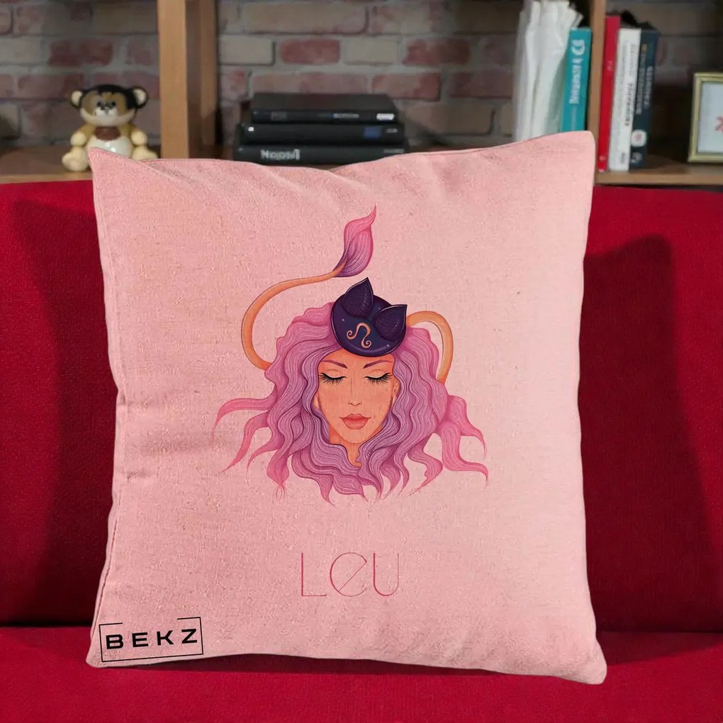 Perna Personalizata Zodie Leu, 40x40 cm, Roz, Husa Detasabila, Perna Inclusa, BEKZ®
