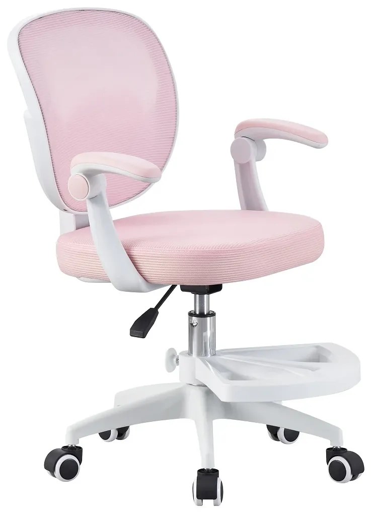 RESIGILAT- Scaun ergonomic pentru copii, spatar Mesh, cotiere rabatabile, inaltime reglabila, suport picioare reglabil, rotativ, Roz