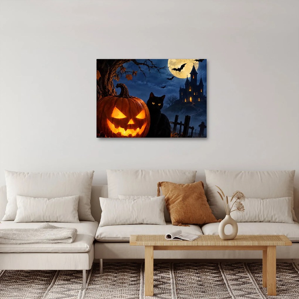Tablou - Pisică neagră lângă un dovleac luminat de Halloween (70x50 cm)