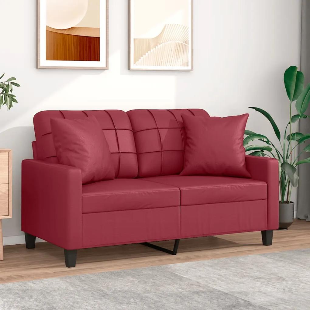 Canapea cu 2 locuri cu pernute, rosu vin 120 cm piele ecologica