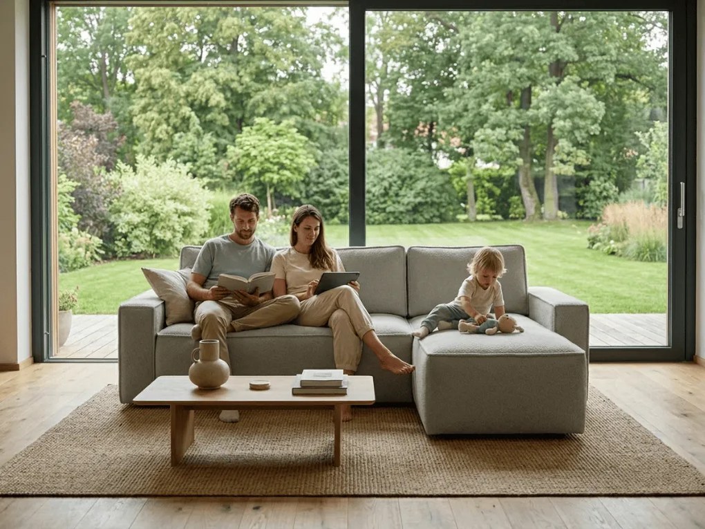 Canapea extensibila de colt SMART BOUCLE, gri-bej, reversibila, 232x143 cm