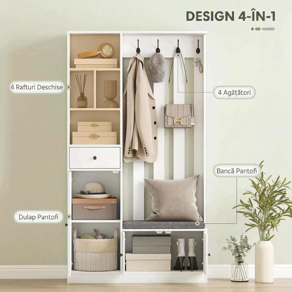 HOMCOM Cuier 180 cm cu Bancă pentru Pantofi, Soluție 4-în-1 cu Raft Reglabil, 4 Agățători și Compartimente Deschise, pentru Hol sau Living, Alb | Aosom Romania