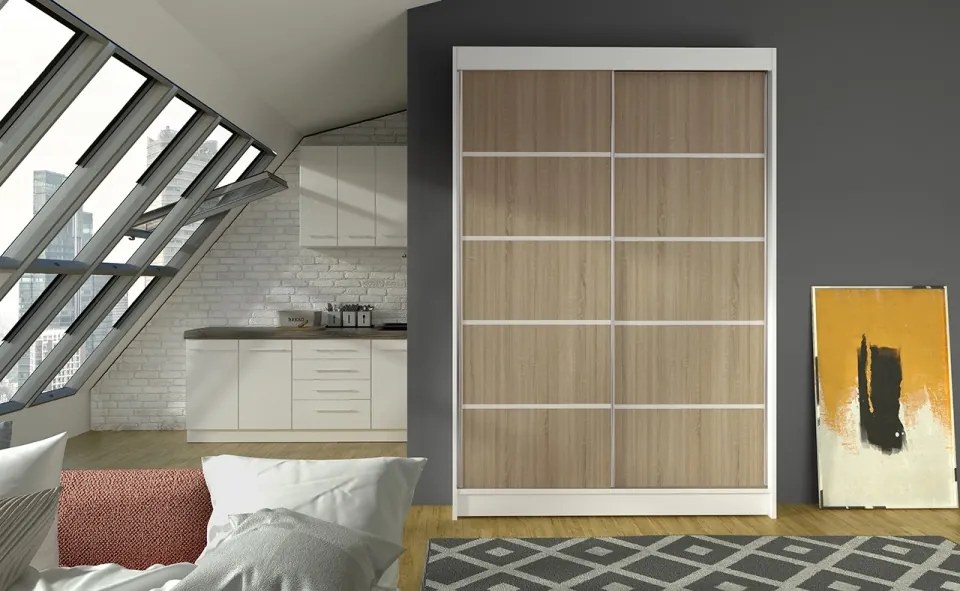 Dulap cu usi glisante 120x200 cm, Benisso, ADRK Furniture (Culoare: Negru / Alb)