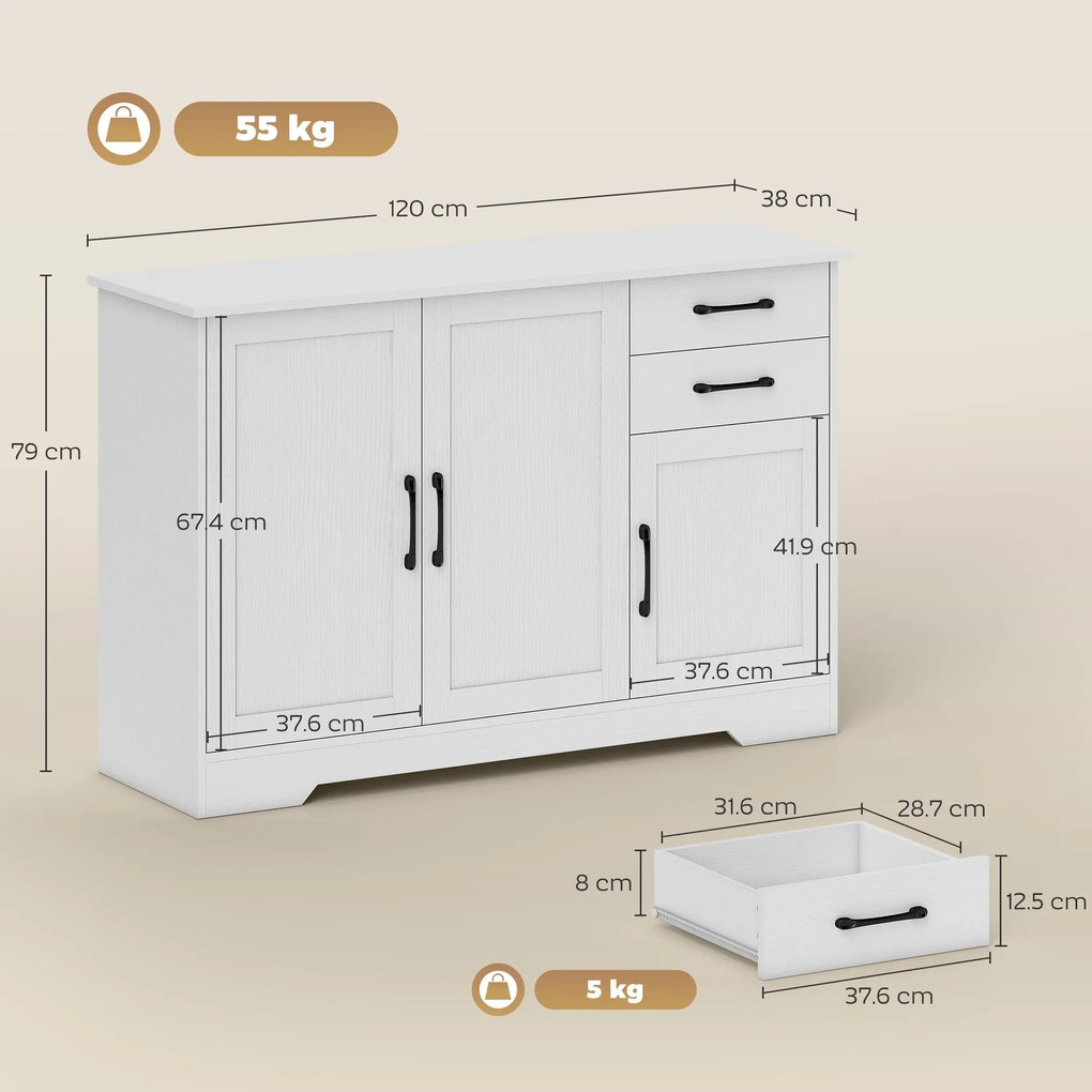 HOMCOM Bufet, mobilier de depozitare cu 3 uși, 2 sertare și raft reglabil, 120 x 38 x 79 cm, alb | Aosom Romania