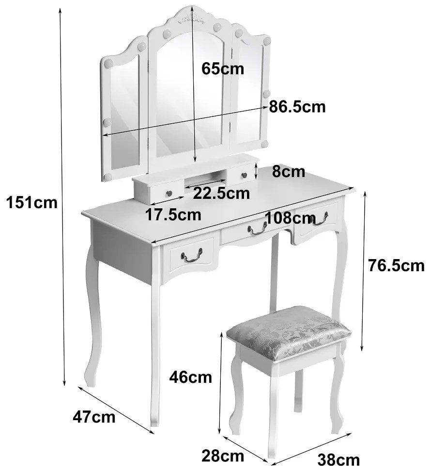 Set Tereza, Masă de toaletă cu 3 oglinzi iluminate LED, 5 sertare, scaun, Alb