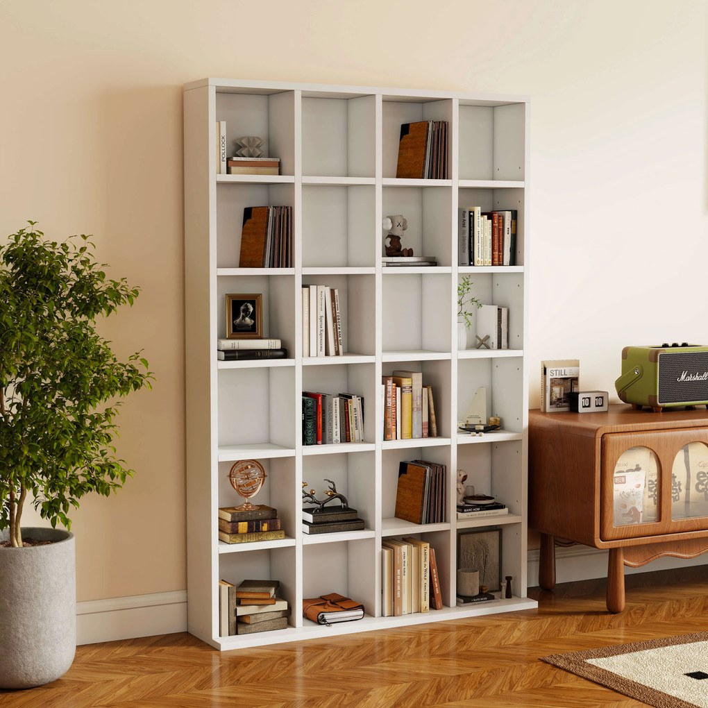 HOMCOM Bibliotecă Spațioasă, Dulap cu 24 Compartimente Reglabile, Design Modern, 130.5x89x20 cm, Alb, pentru Living sau Birou | Aosom Romania