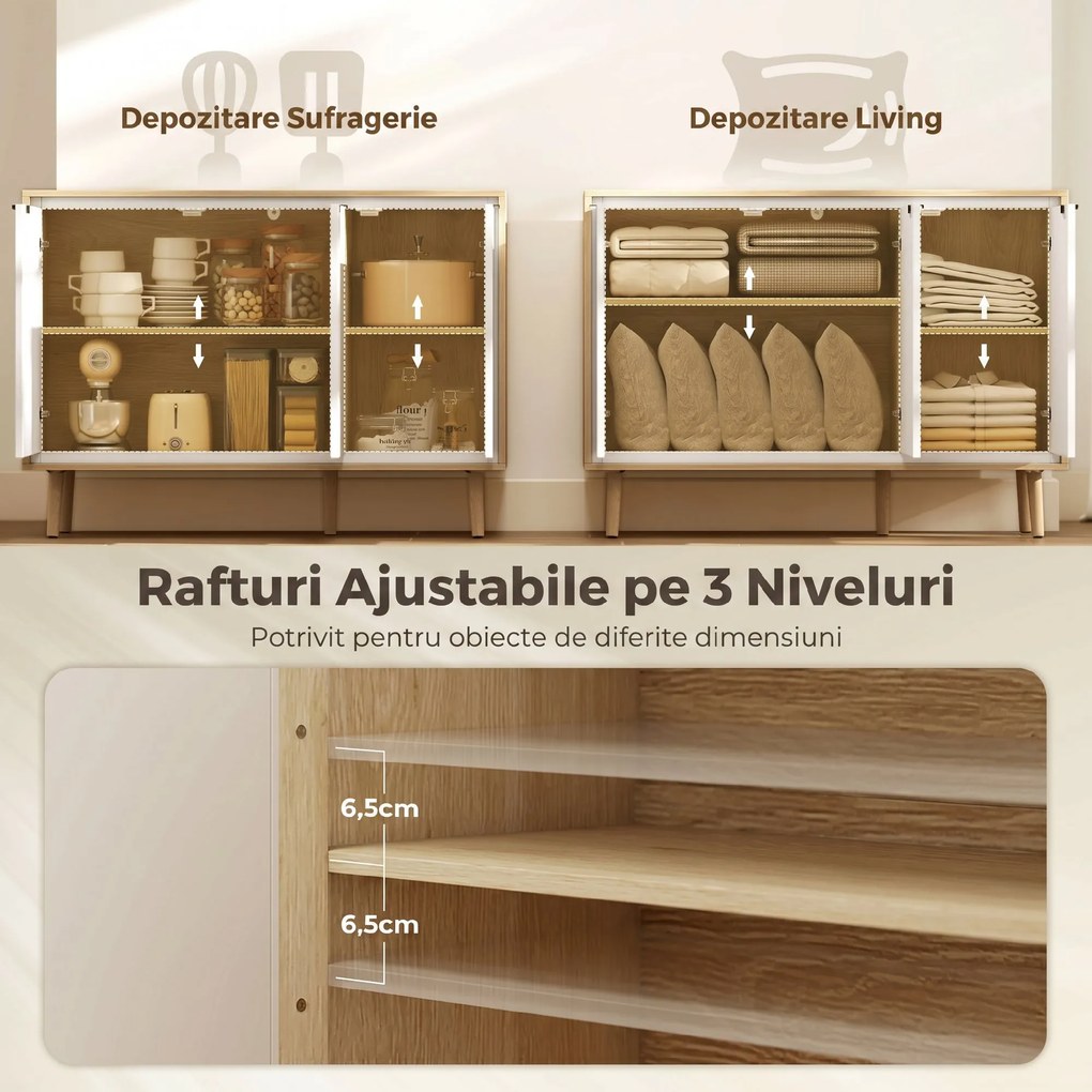 HOMCOM Bufet Modern cu 3 Uși și Raft Reglabil 107x35x77cm Alb și Stejar | Aosom Romania