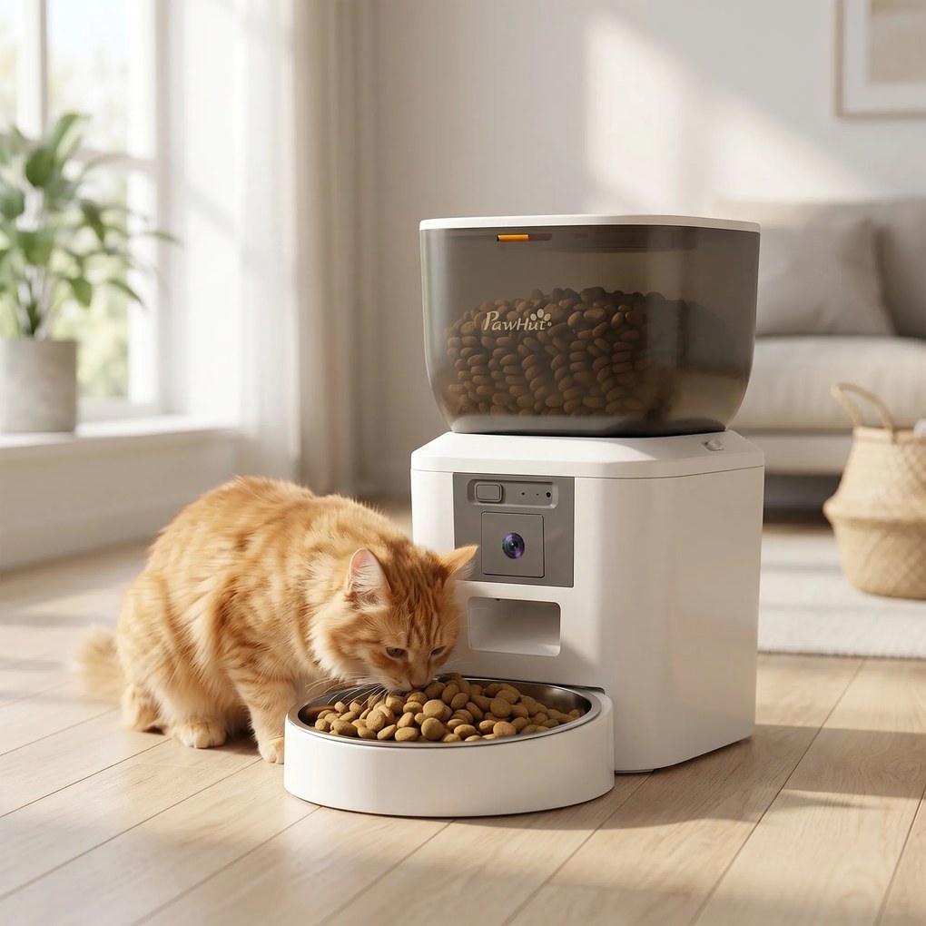 PawHut Distribuitor Automat de Hrană pentru Pisici și Câini 4L, WiFi 2,4G, Control din Aplicație cu Cameră, Bol, Alb | Aosom Romania
