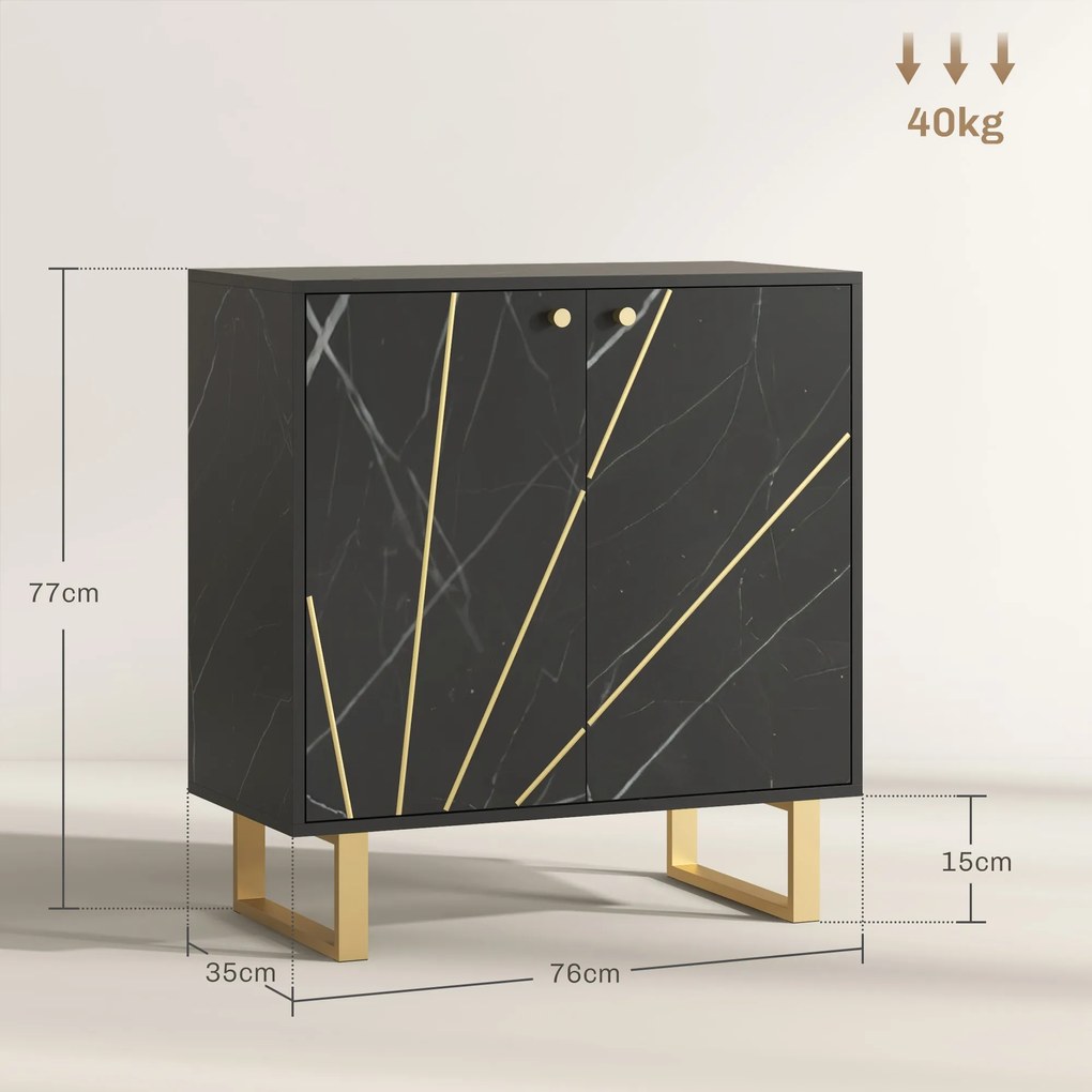 HOMCOM Bufet de depozitare cu 2 uși și raft reglabil, picioare din metal 76 x 35 x 77 cm ton marmură neagră | Aosom Romania