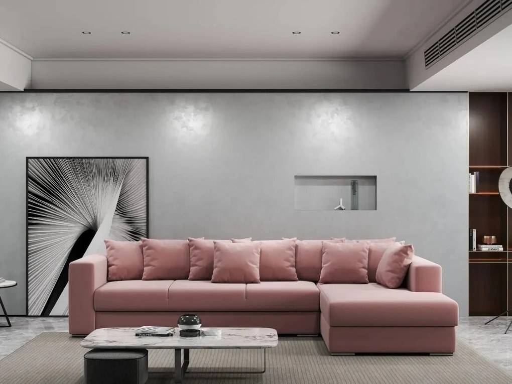 Colțar extensibil dumonde cu ladă de depozitare si sezut confortabil din spuma high-density, Gloria Royal Pink II 320x183 cm