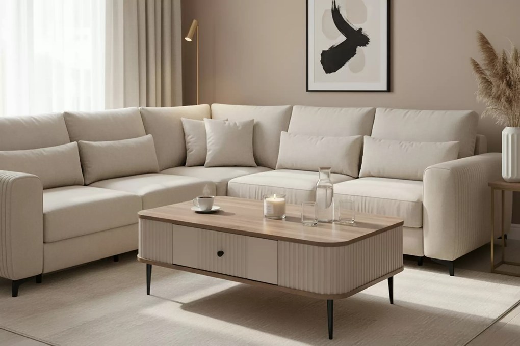 Masă de cafea cu sertar Vesper 103x60 cm - cașmir / nuc / picioare negre