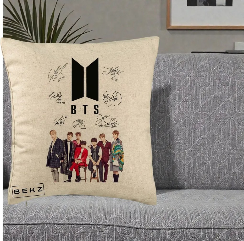 Perna Personalizata K-pop BTS Semnaturi Foto, 40x40 cm, Bej, Husa Detasabila, Perna Inclusa, BEKZ®