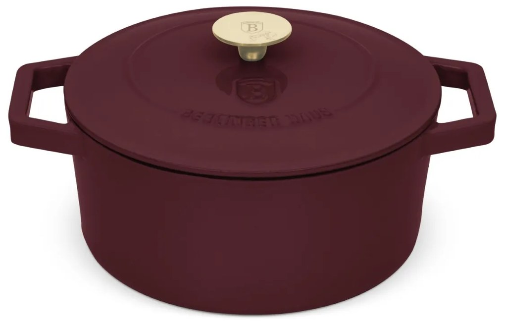 Oală din fontă emailată 4,35L cu capac, 24 cm – Berlinger Haus BH 6542 Leonardo, visiniu, ideală pentru pâine, friptură, cuptor și aragaz