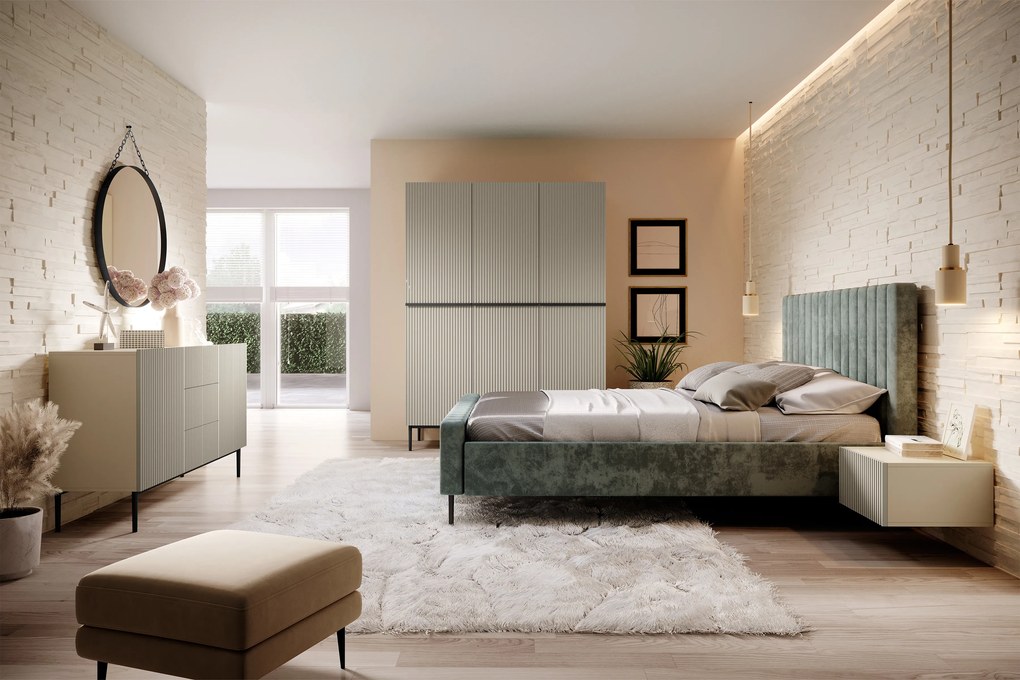 Comodă Nicole 150 cm cu sertare și front canelat - bej cashmir / picioare negre