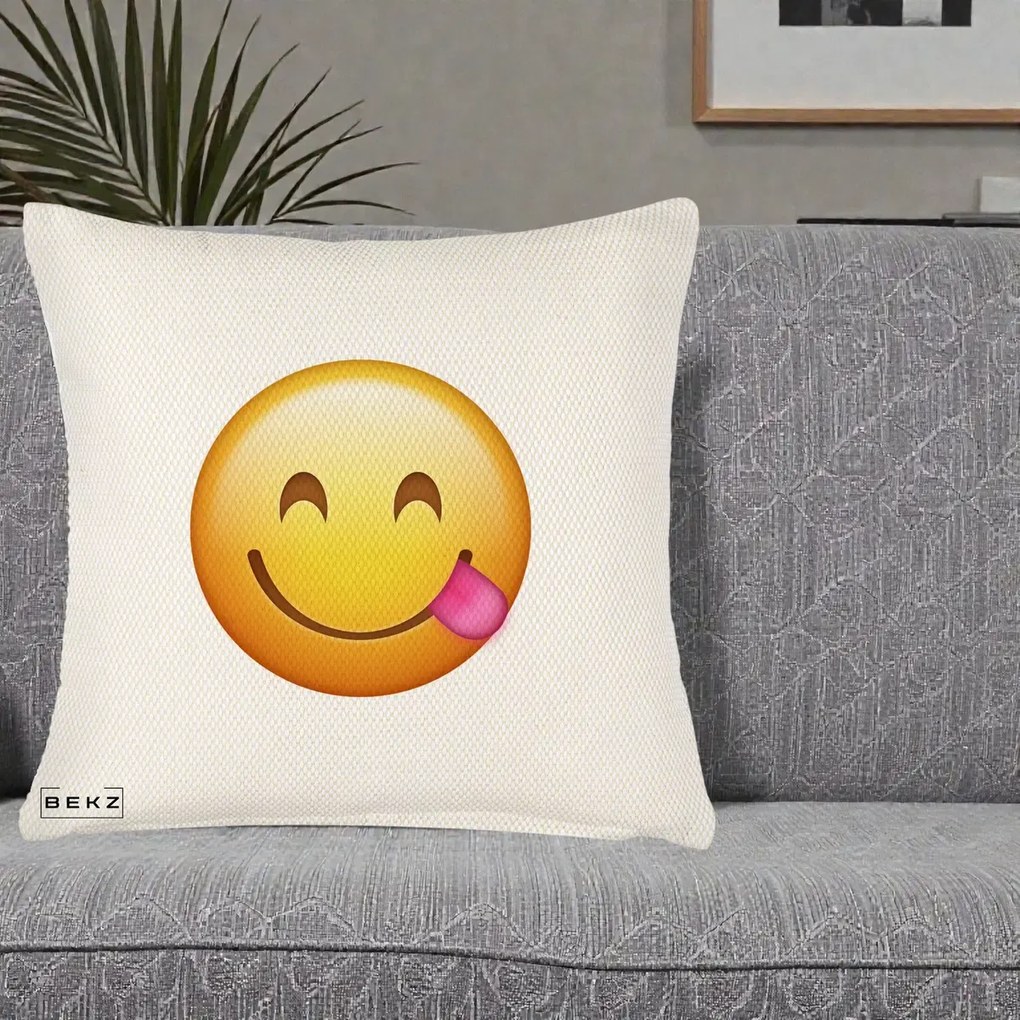 Perna Decorativa Emoji Limba Scoasa, 40x40 cm, Crem Reliefat, Husa Detasabila, Perna Inclusa, BEKZ®