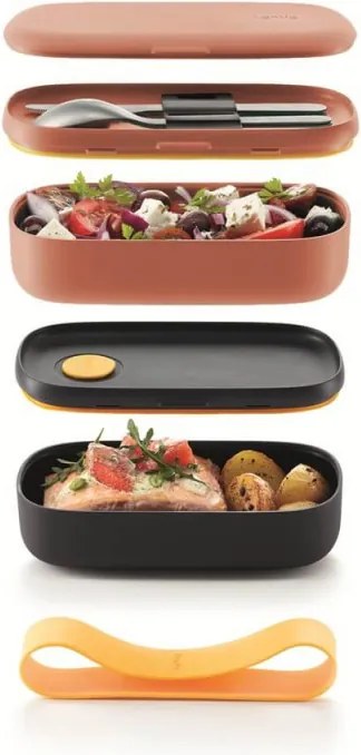 Set 2 recipiente pentru alimente Lekue On The Go 1010221, 2x500 ml, Inchidere ermetica, Compartiment tacamuri, Supapa pentru cuptorul cu microunde, Coral/Negru