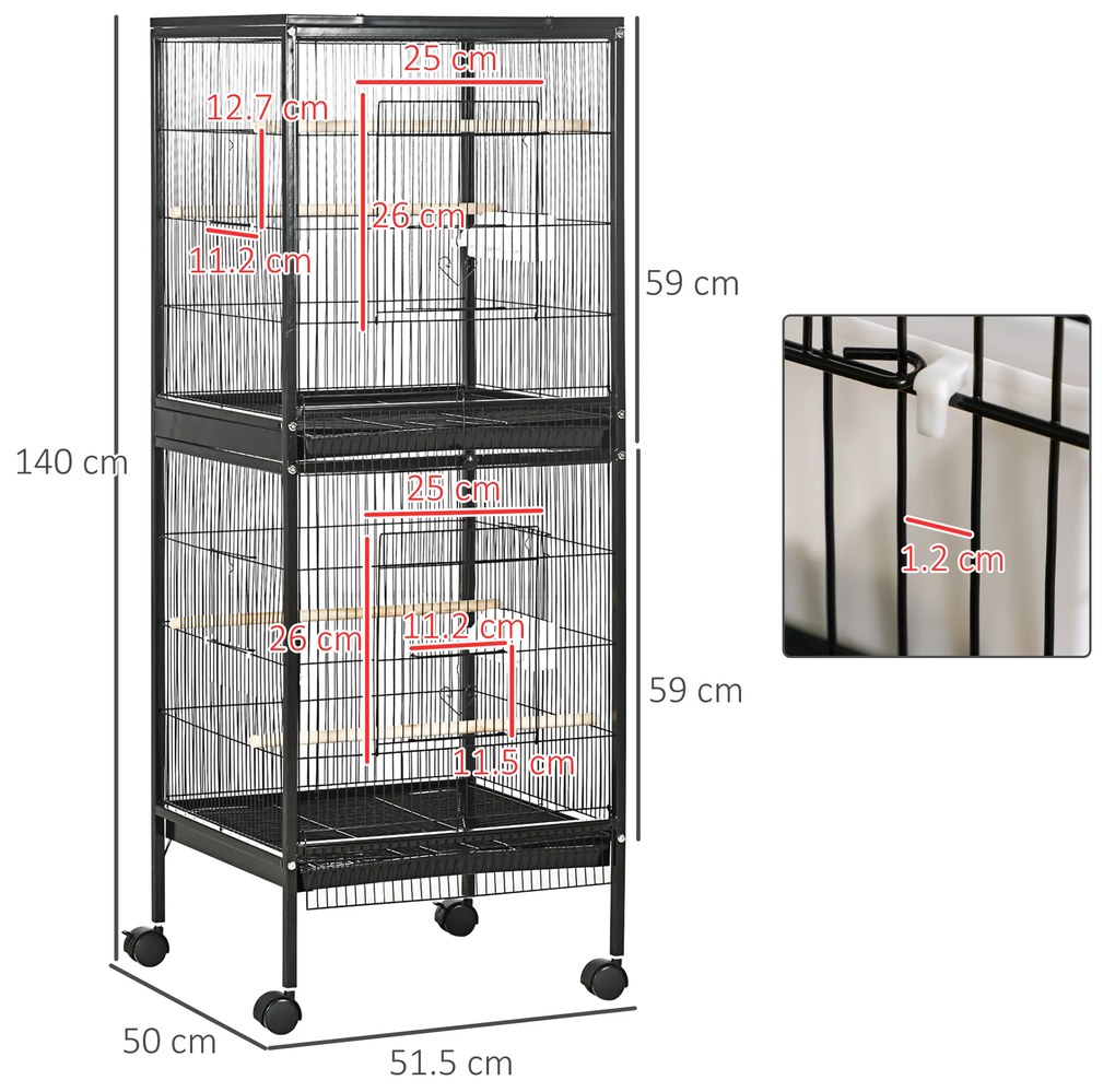 PawHut Colivie pentru Păsări cu 4 Roți Pivotante, Tăvi Detașabile și Recipiente din Plastic, 51.5x50x140 cm, Negru | Aosom Romania