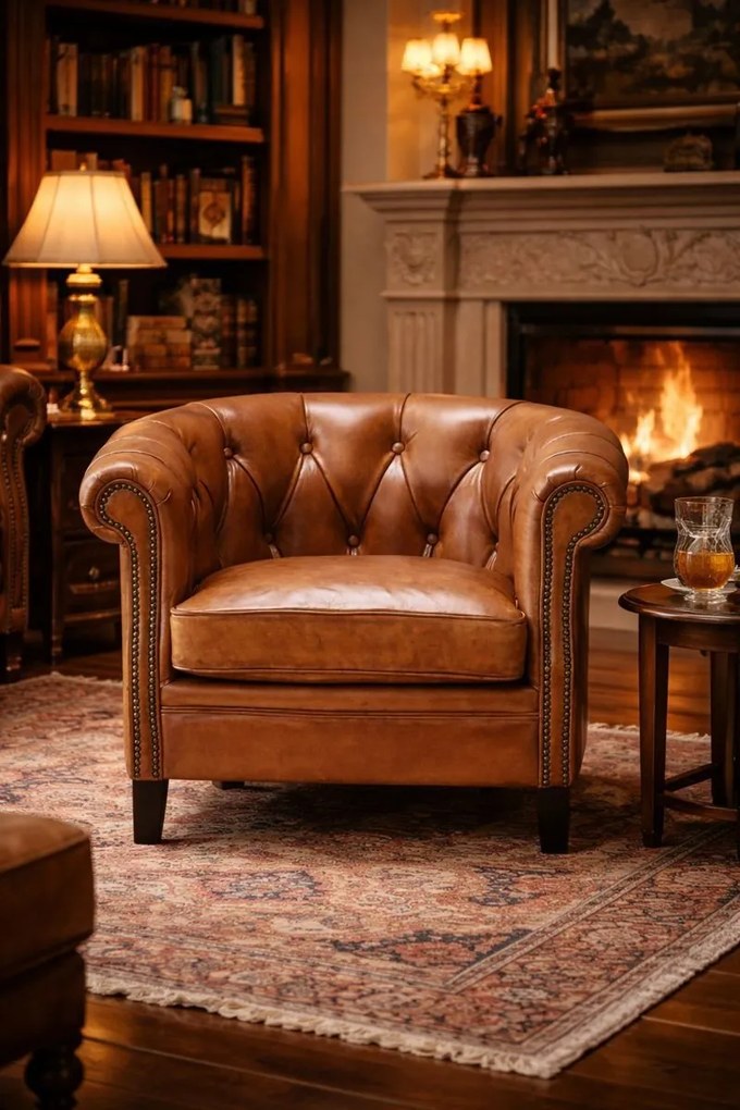 Fotoliu Chesterfield din piele naturală full grain maro, 80×80×66 cm, „Classic Chic"
