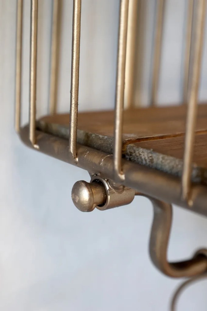 Etajera de perete, aurie, din metal si lemn de pin, cu 2 rafturi, aspect vintage