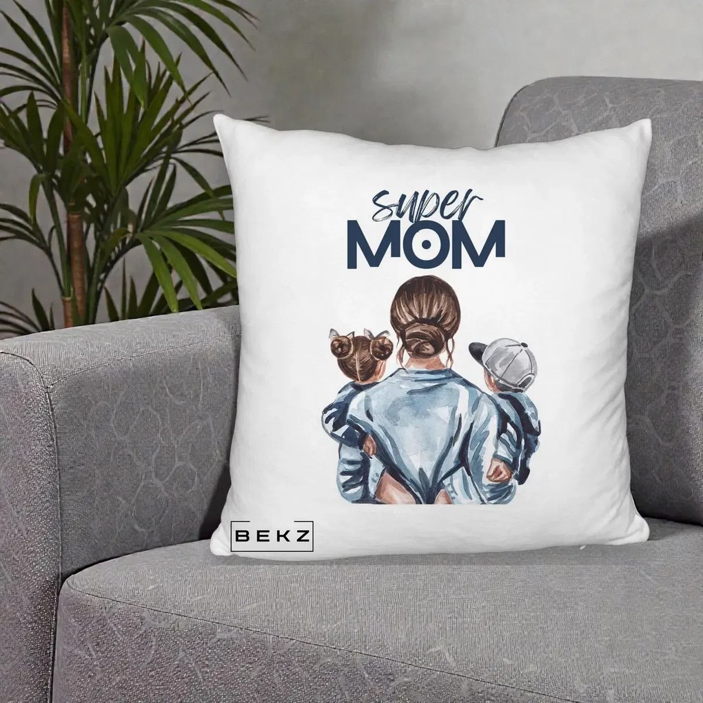 Cadou pentru Mama - Perna Personalizata Super Mom, 40x40 cm, Alb Pufos, Husa Detasabila, Perna Inclusa, BEKZ®