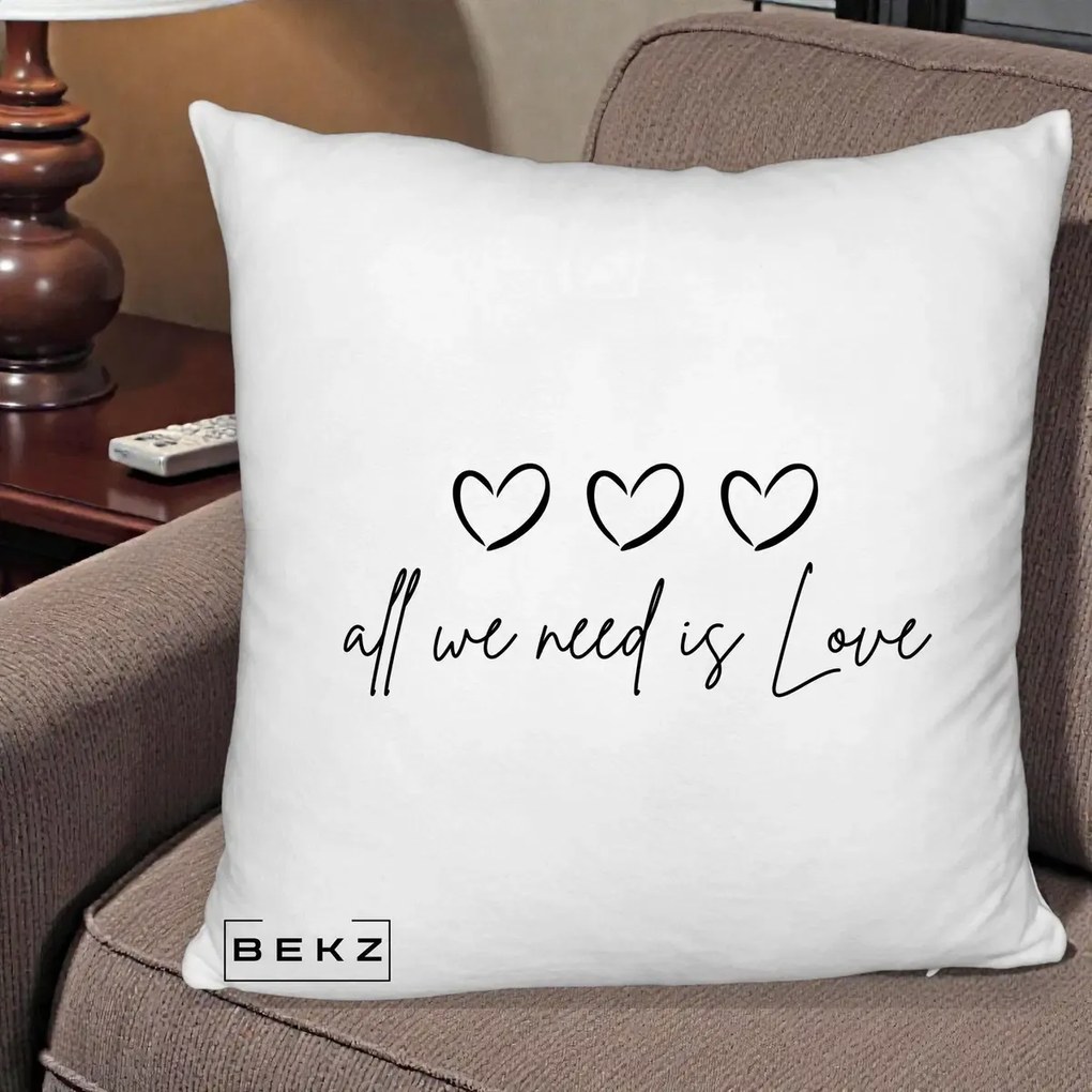 Perna Decorativa All We Need Is Love, 40x40 cm, Alb Pufos, Husa Detasabila, Perna Inclusa, BEKZ®