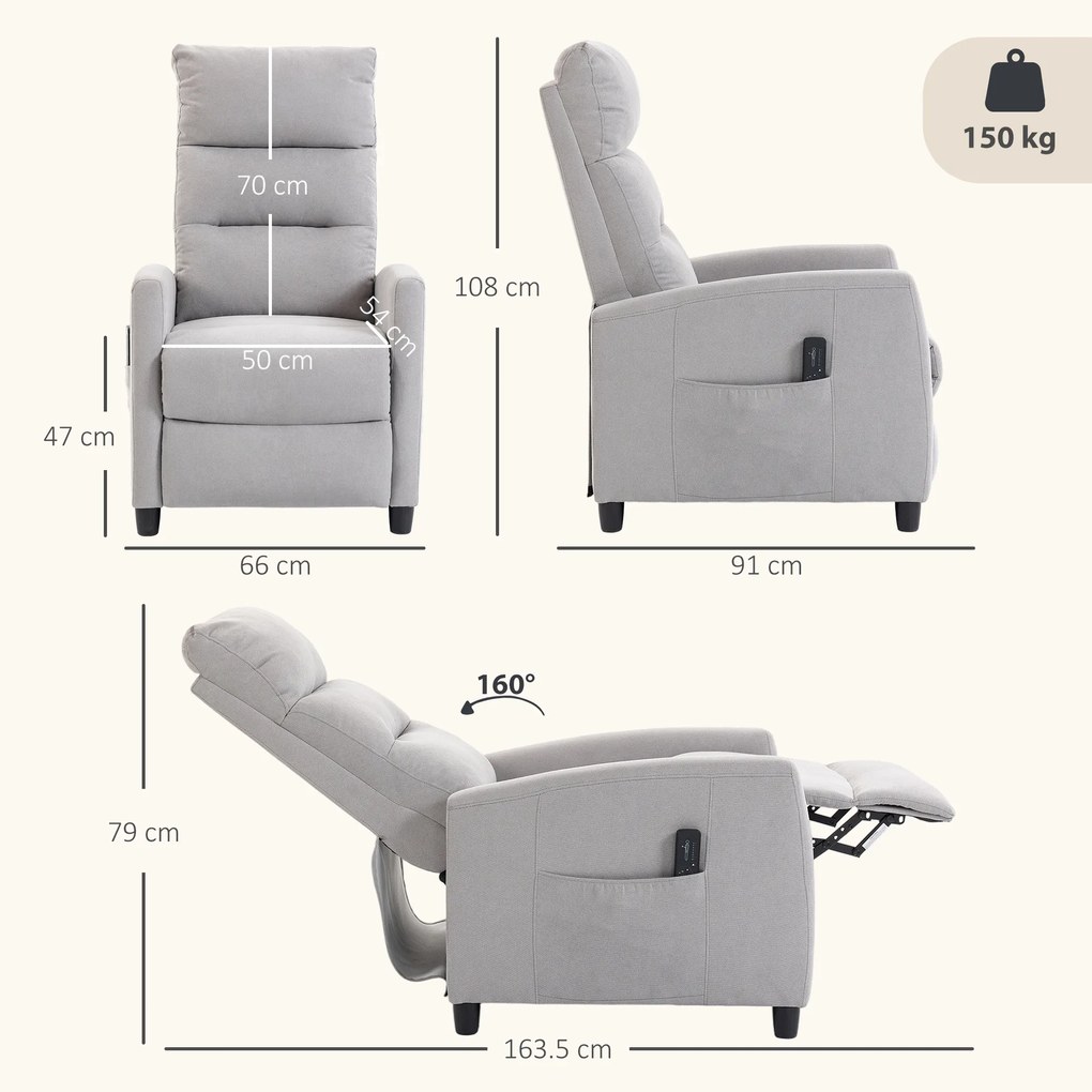 HOMCOM Fotoliu Masaj Reclinabil Manual 160° Chenille cu Suport pentru Picioare, Telecomandă și Buzunare, Gri Deschis | Aosom Romania