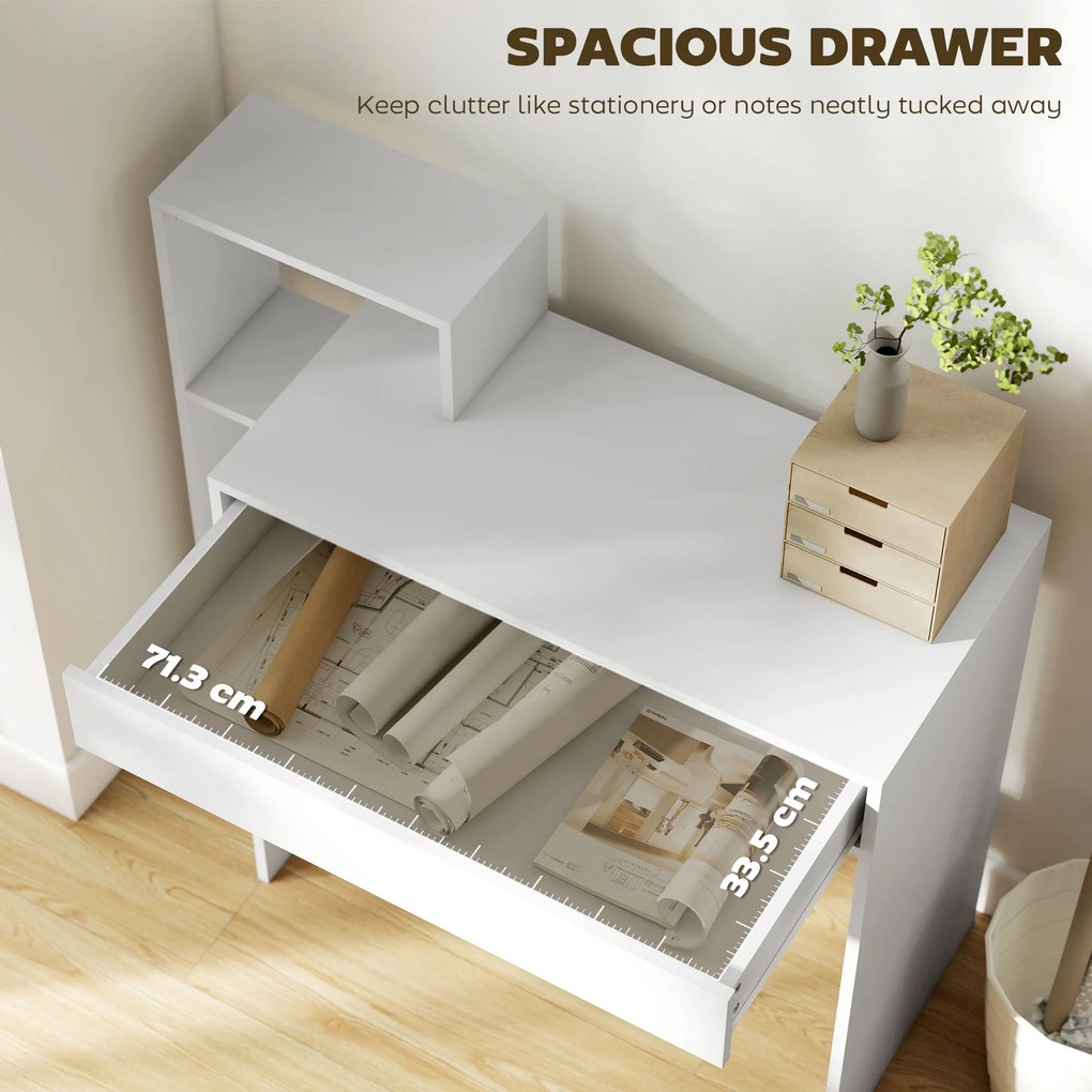HOMCOM Compact Computer Desk with 3 Storage Shelves and Drawer, Space Saving Writing Desk, Study Table for Home Office, 110 x 40 x 92 cm, White | Aosom Romania