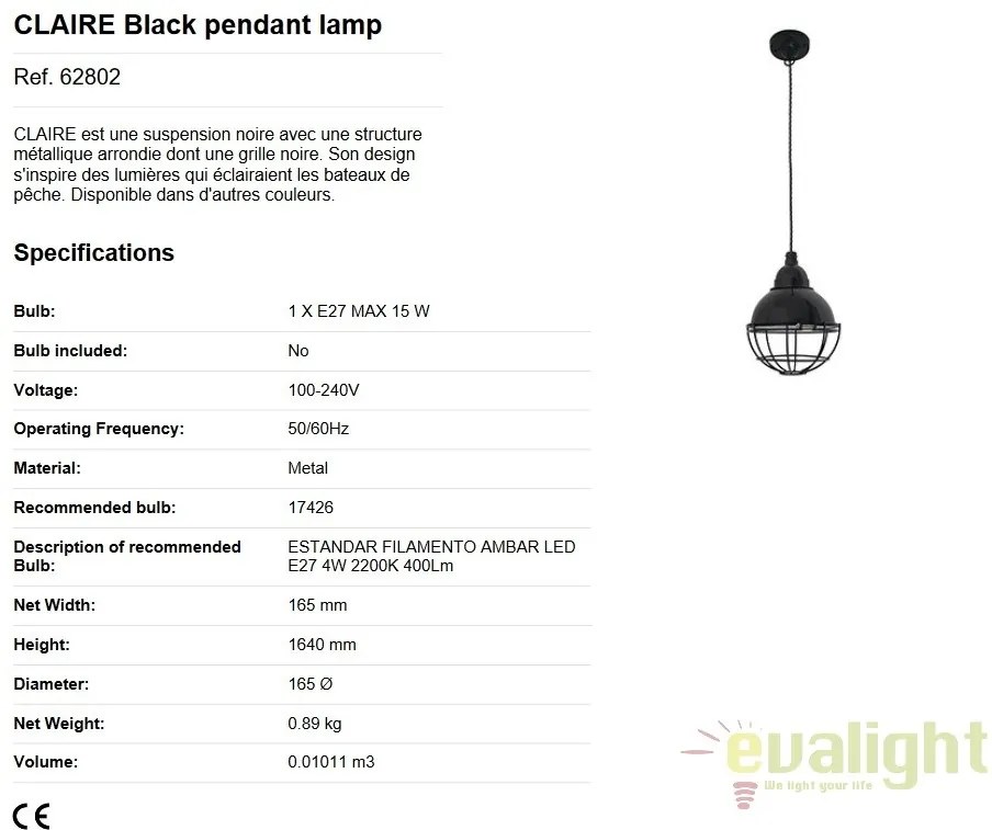 Pendul design industrial Claire negru 62802
