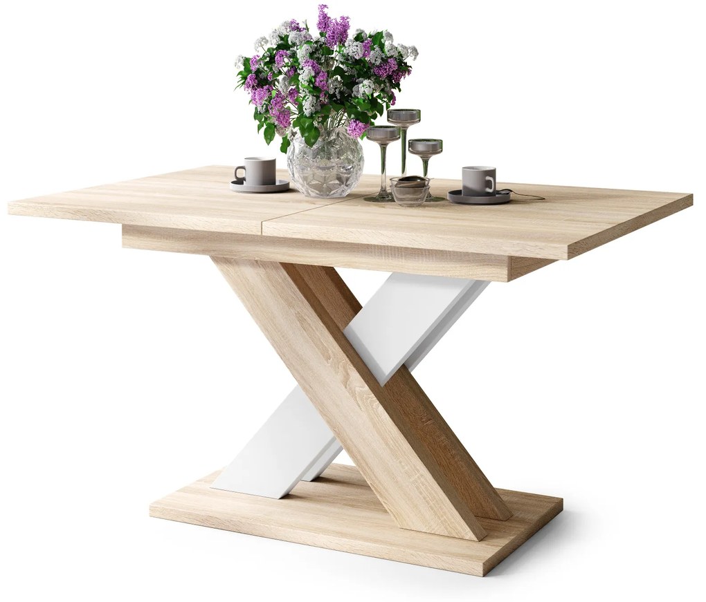 Mazzoni KARO Stejar Sonoma/Alb Mat – MASĂ/MĂSUȚĂ DE CAFEA MODERNĂ CU BLAT EXTENSIBIL până la 180 cm
