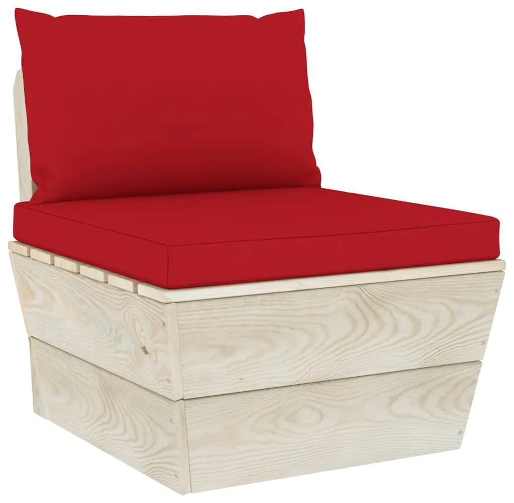 Set mobilier gradina din paleti, 5 piese, cu perne, lemn molid Rosu, colt + 2x mijloc + masa + suport pentru picioare, 1