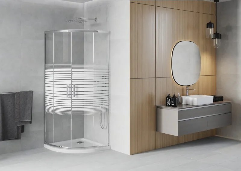 Mexen Rio cabina de duș semicirculară 80 x 80 cm, dungi albe, crom + cadă de duș Flat, albă - 863-080-080-01-20-4110