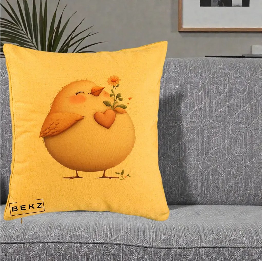Perna Decorativa Pui cu Inima si Floarea-Soarelui, 40x40 cm, Galben, Husa Detasabila, Perna Inclusa, BEKZ®