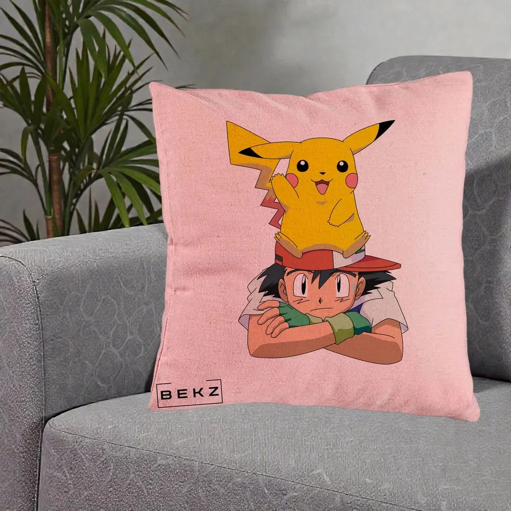 Perna Personalizata Ash si Pikachu, 40x40 cm, Roz, Husa Detasabila, Perna Inclusa, BEKZ®