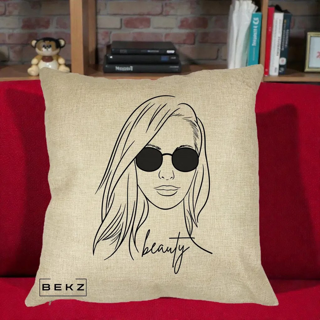 Perna Decorativa Beauty Girl Line Art, 40x40 cm, Crem, Husa Detasabila, Perna Inclusa, BEKZ®