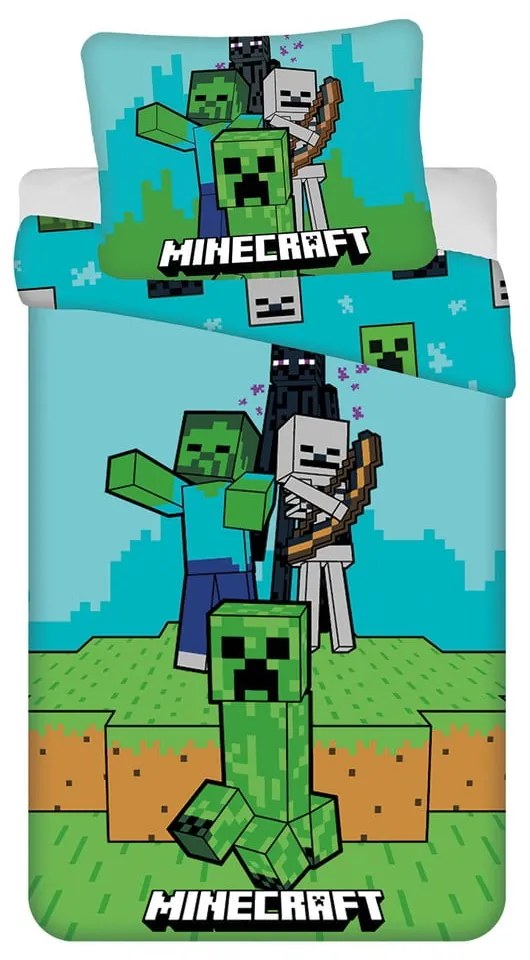 Lenjerie de pat pentru copii verde-albastră din bumbac pentru pat de o persoană 140x200 cm Minecraft "Mobs Here" – Jerry Fabrics
