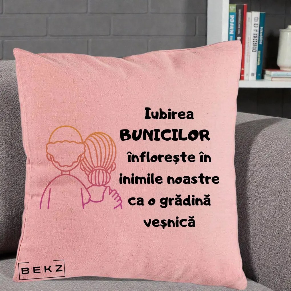 Cadou pentru Bunici - Perna Personalizata Iubirea Bunicilor Infloreste Cuplu Line Art Gradient, 40x40 cm, Roz, Husa Detasabila, Perna Inclusa, BEKZ®