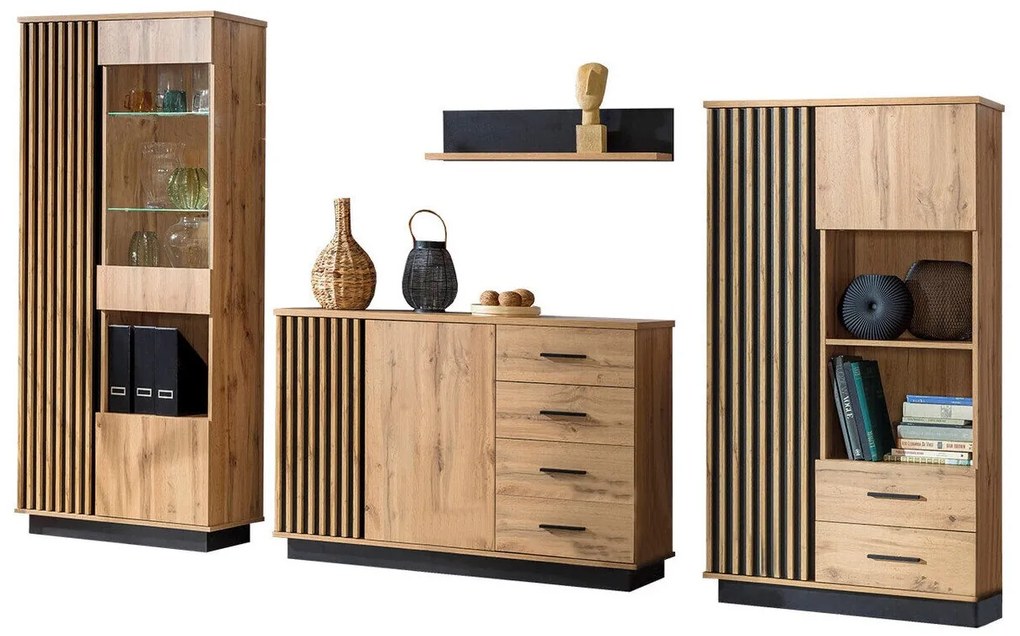 Set camera de zi Ogden J116Wotan stejar, Negru, Cu componente suplimentare, Părți separate, Cu comodă TV, PAL laminat, Sticlă călită, MDF, 194x40cm, 183 kg