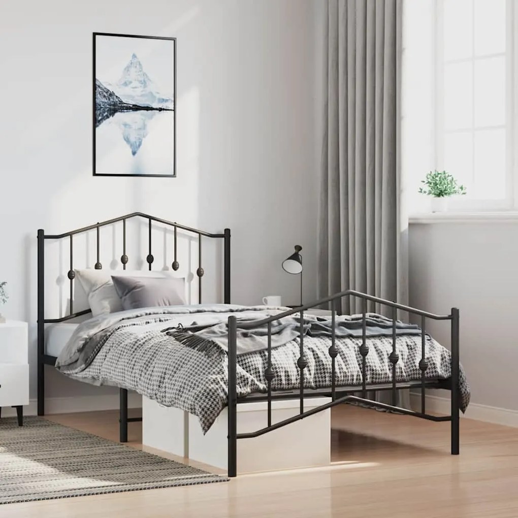 vidaXL Cadru pat metalic cu tăblii de cap/picioare  negru, 100x190 cm
