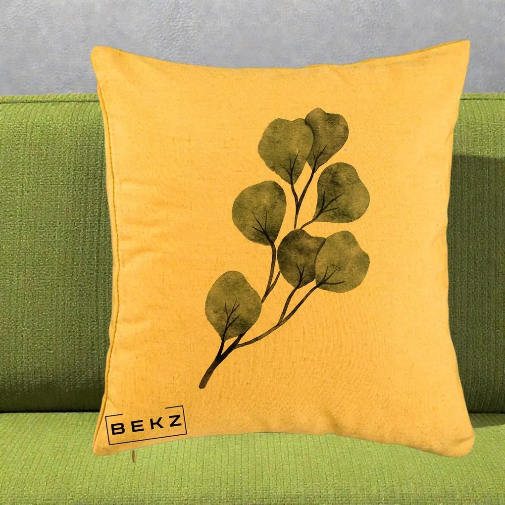 Perna Decorativa Ramura Eucalipt Acuarela, 40x40 cm, Galben, Husa Detasabila, Perna Inclusa, BEKZ®