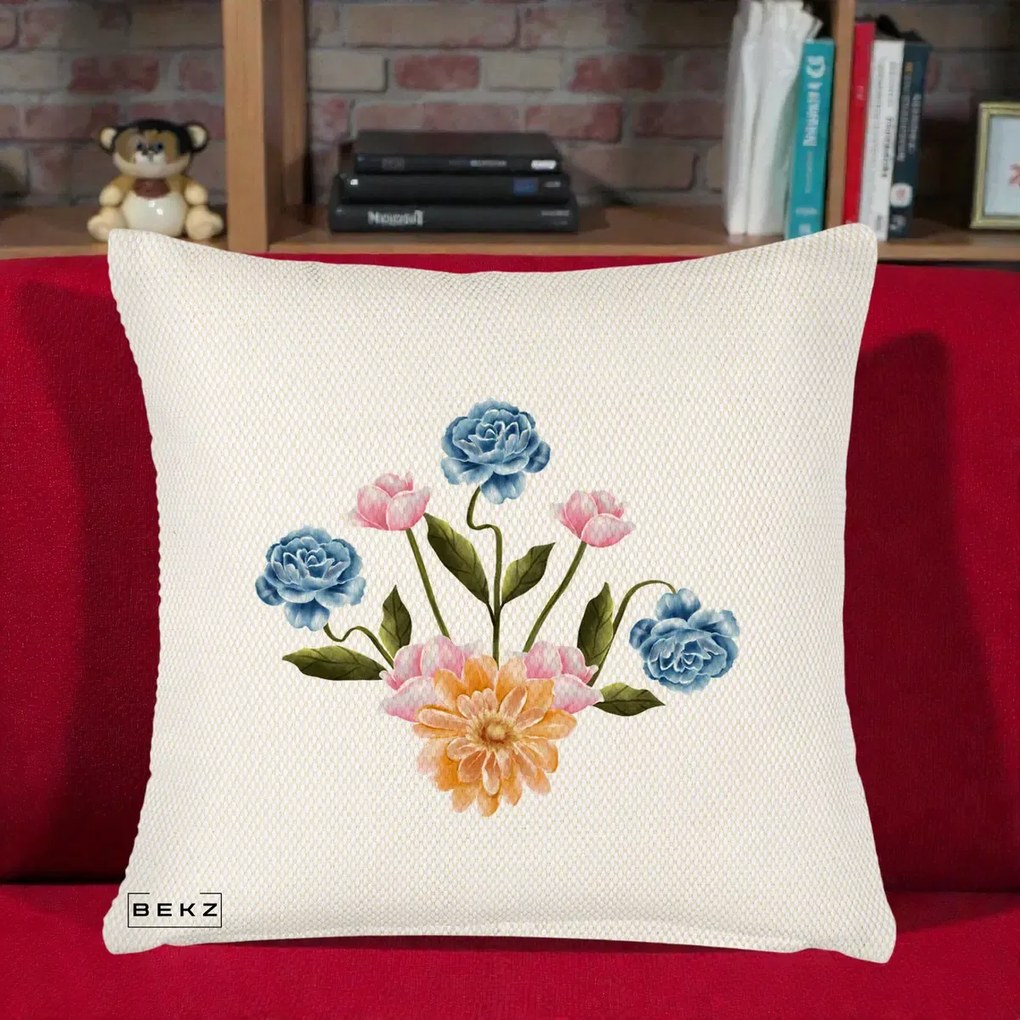 Perna Decorativa Buchet Primavara Acuarela, 40x40 cm, Crem Reliefat, Husa Detasabila, Perna Inclusa, BEKZ®
