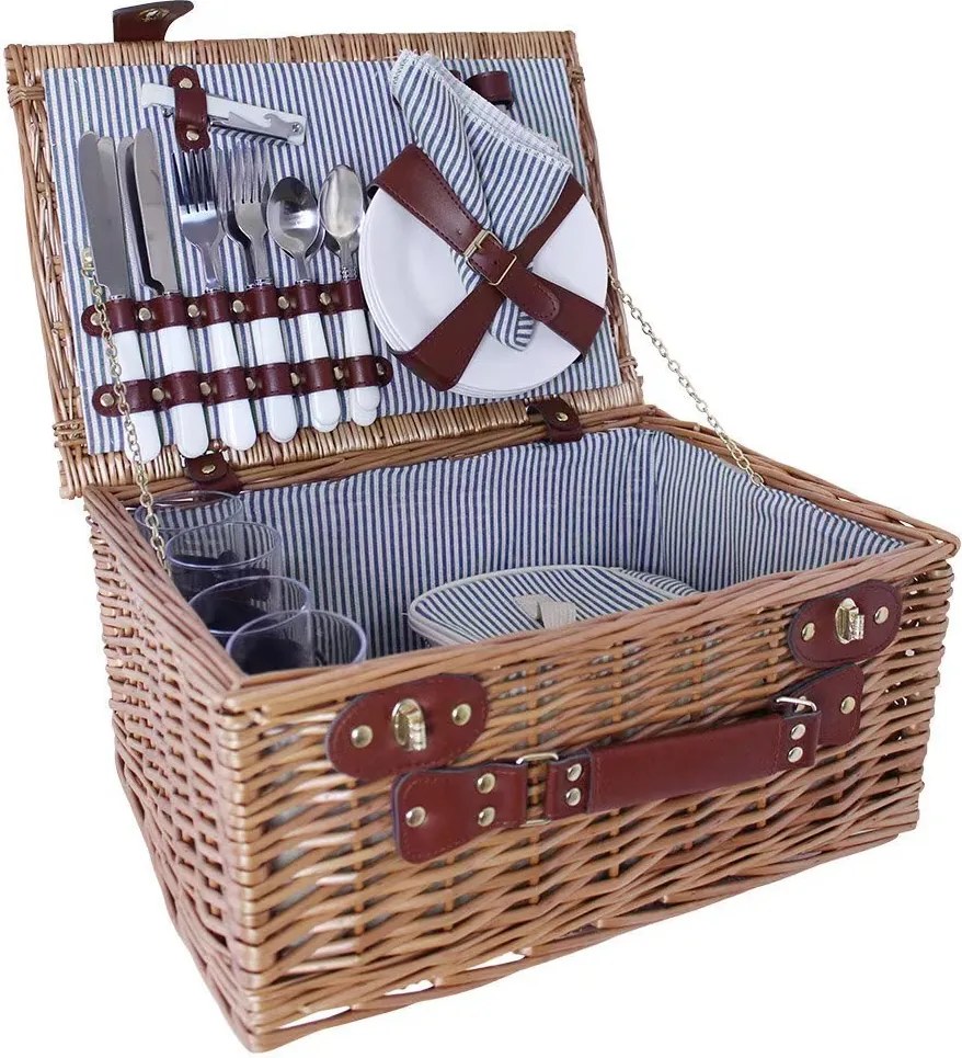 Coș de picnic mare din răchită împletită cu căptușeală în dungi albastre, pentru 4 persoane, „Vendela Large Blue"