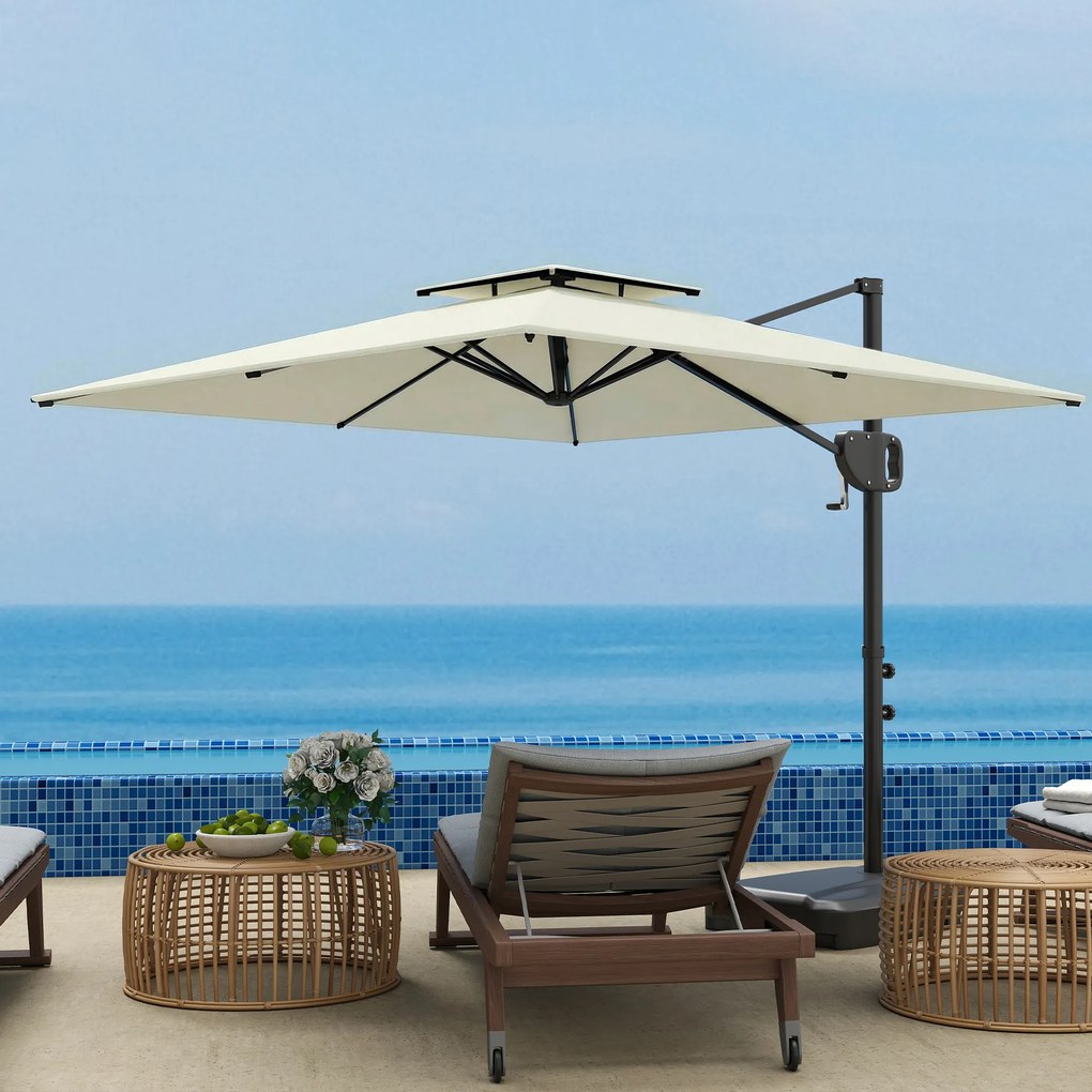 Outsunny Umbrelă cu braț lateral pătrată 2,5 x 2,5 m, umbrelă pentru grădină exterioară, dublă ventilare, înclinabilă, 2 baze, manivelă, Crem | Aosom Romania